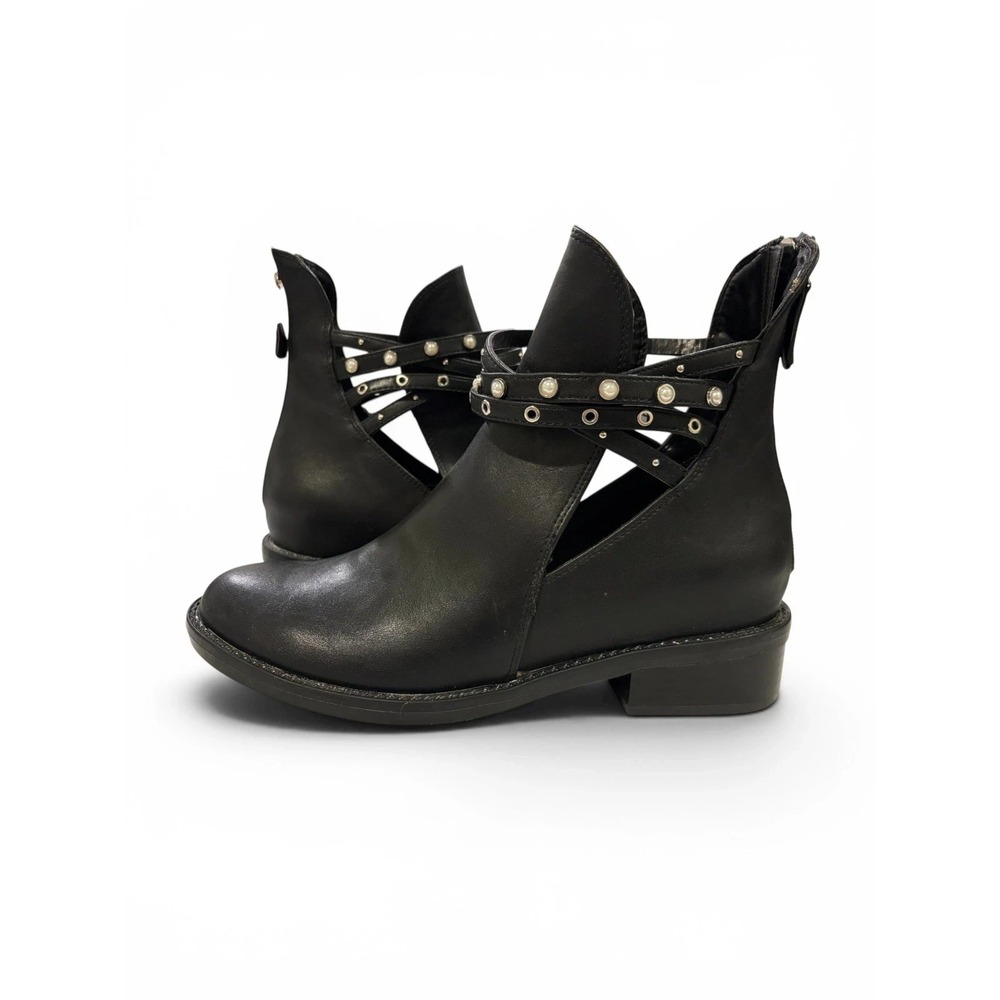 NINE WEST NW7TAHMEL Women's Black Ankle Studded Strap Back Zip Boots Size 9M - Picture 2 of 2